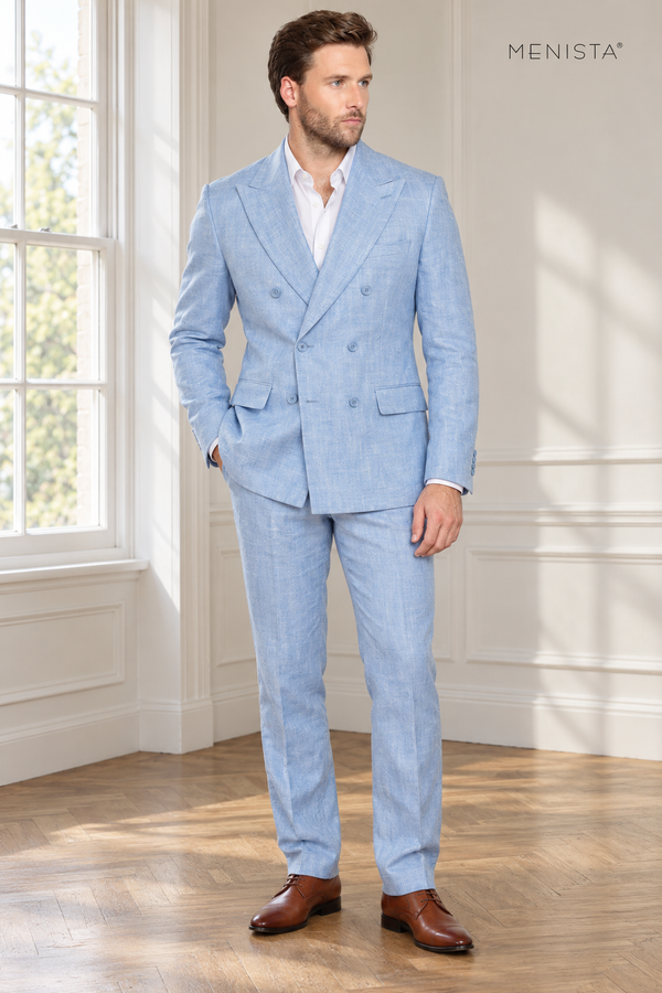 Azzurro Sky Blue 100% Linen Double-Breasted 2PC Suit — full-body front view
