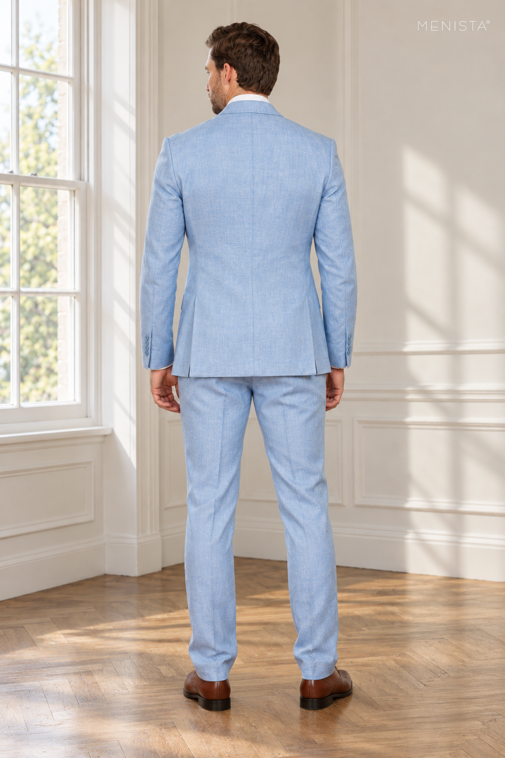 Azzurro Sky Blue 100% Linen Double-Breasted 2PC Suit — full-body back view showing double vents