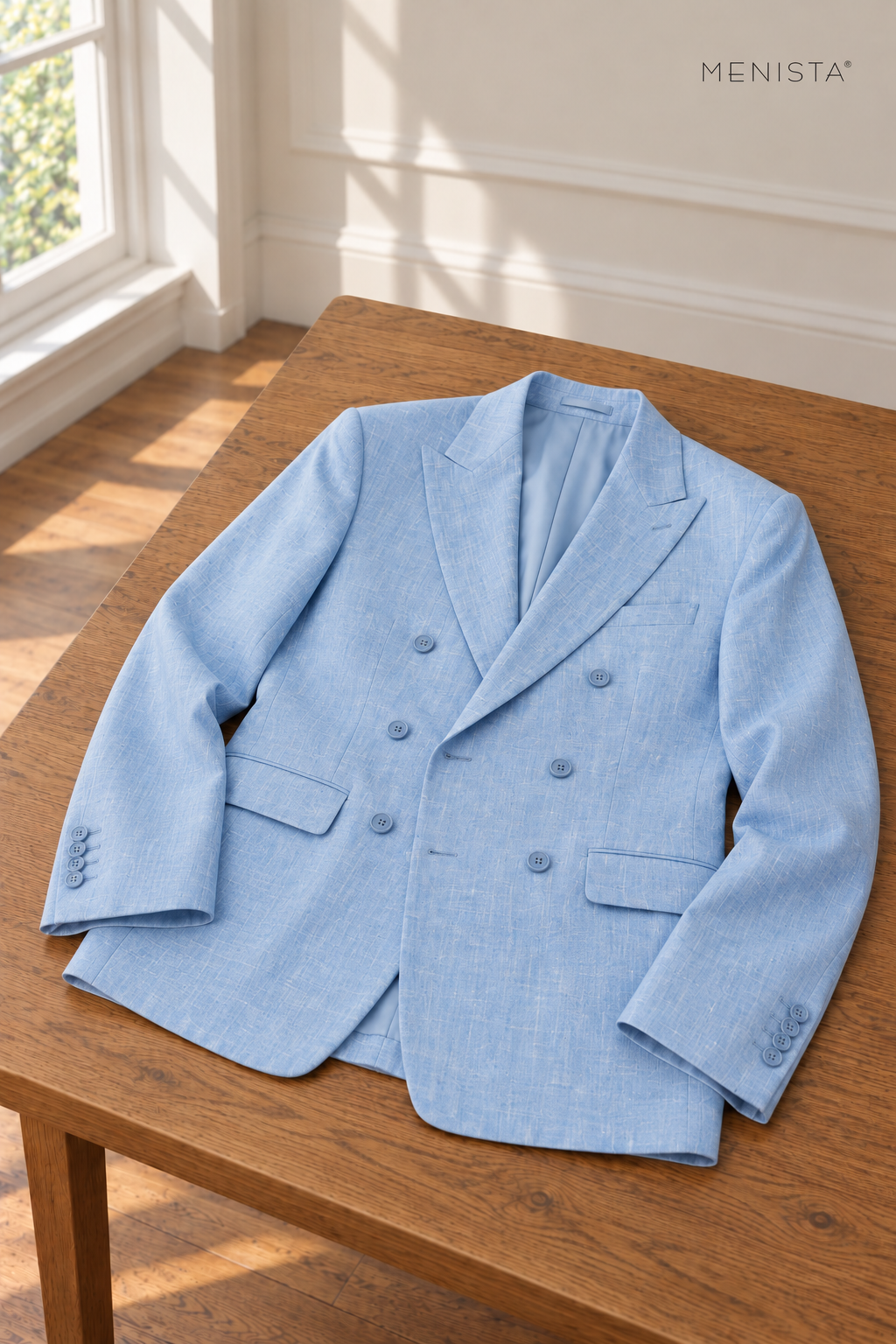 Azzurro Sky Blue 100% Linen Double-Breasted 2PC Suit — jacket resting naturally on a flat surface