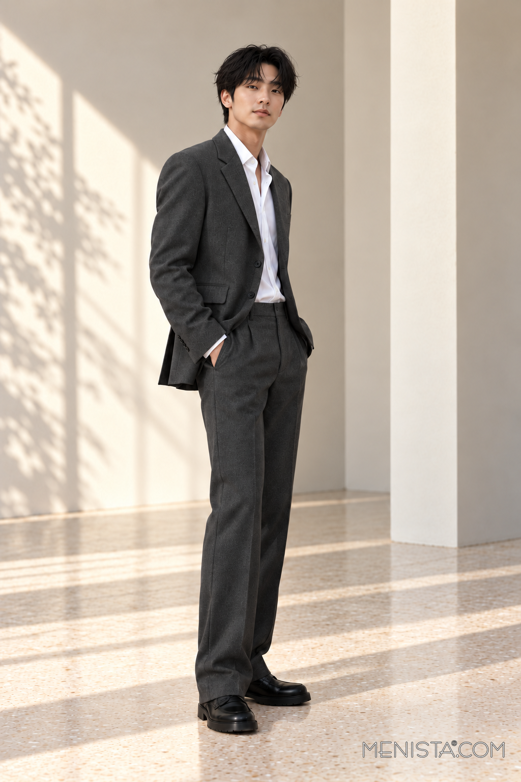 Kevin wearing the Bastian charcoal 2PC suit, standing three-quarter side view.