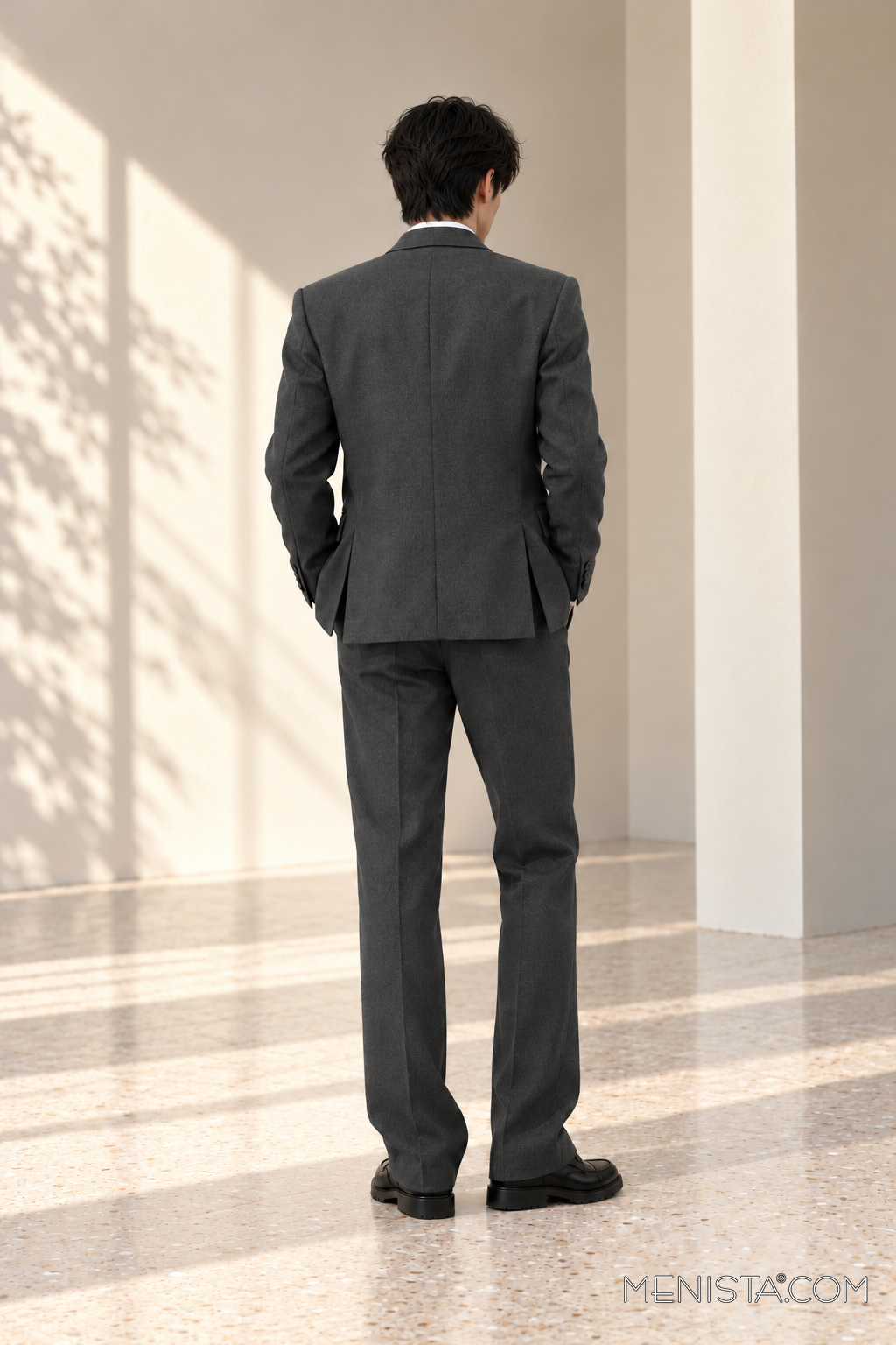 Bastian charcoal 2PC suit, full-body back view showing two rear side vents.