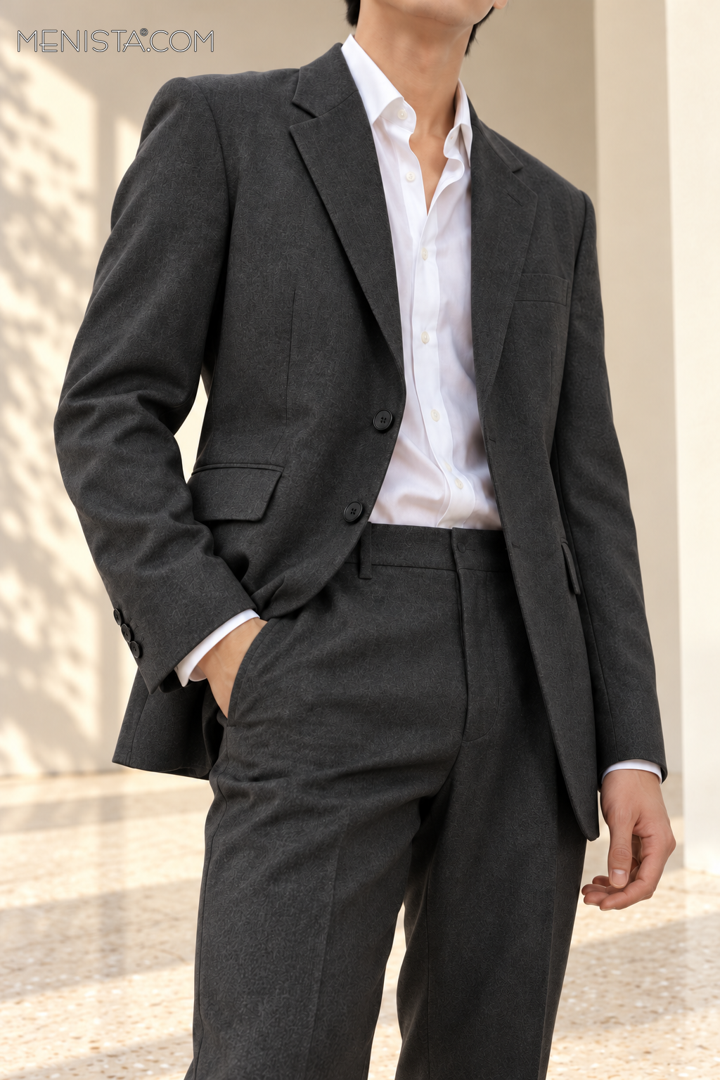 Bastian charcoal suit close-up showing notch lapels, buttons, pockets and fabric.