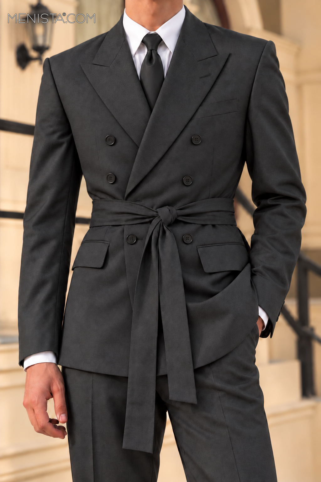 Benicio charcoal double-breasted jacket close-up showing six buttons and matching charcoal sash, without a pin.