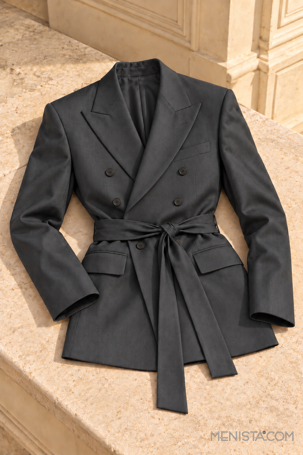 Benicio charcoal double-breasted jacket with six front buttons and matching sash, jacket-only still life on a cream stone surface.