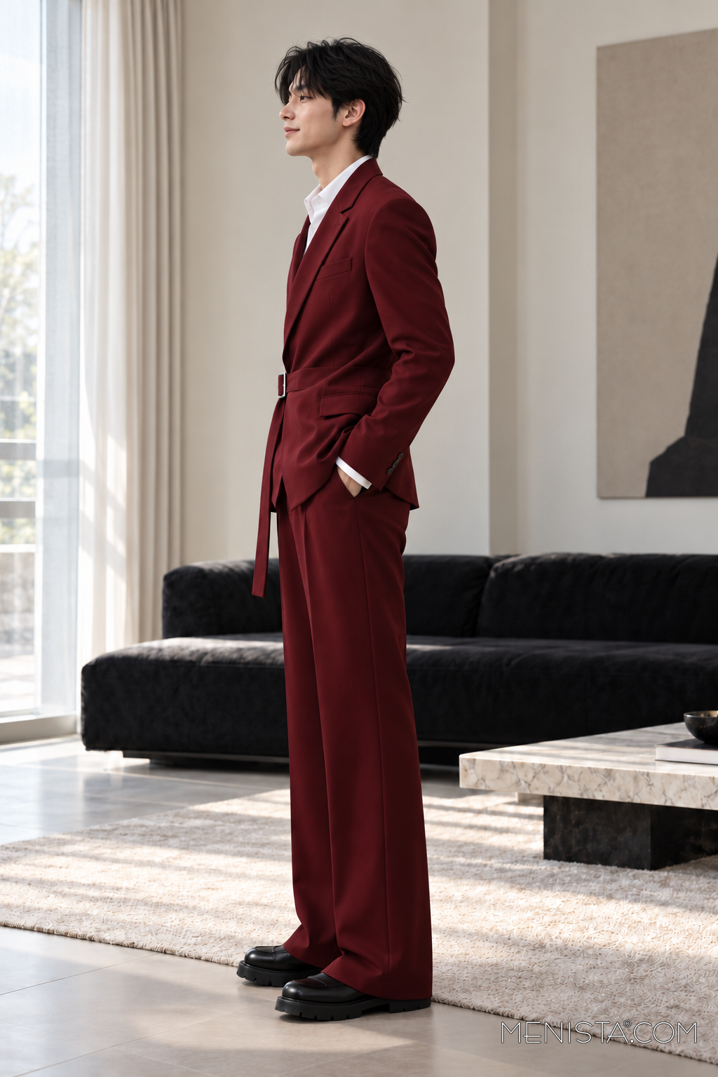 Kevin wearing the Dacian burgundy buckle-wrap suit with plain straight-leg trousers, standing side profile with a slight smile.