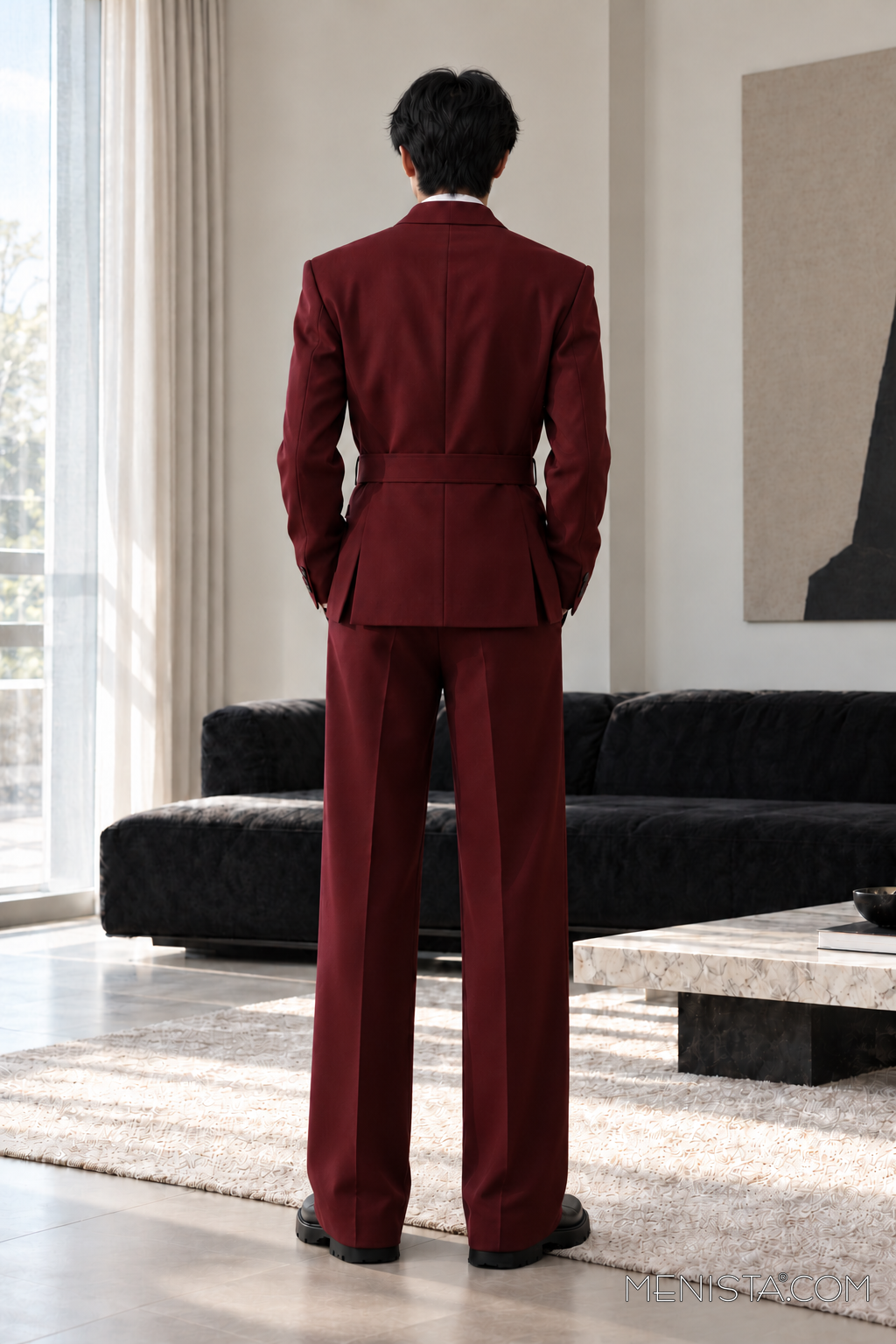 Dacian burgundy buckle-wrap suit, full-body back showing straight-leg trousers with plain hems and twin rear jacket vents.