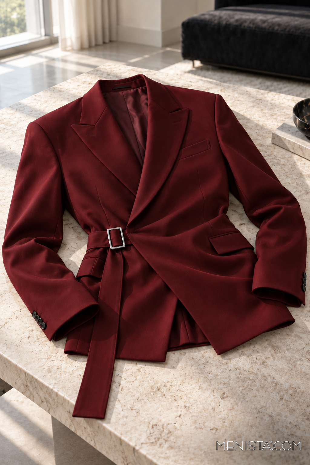Dacian burgundy buckle-wrap jacket, jacket-only still life on a cream stone table.