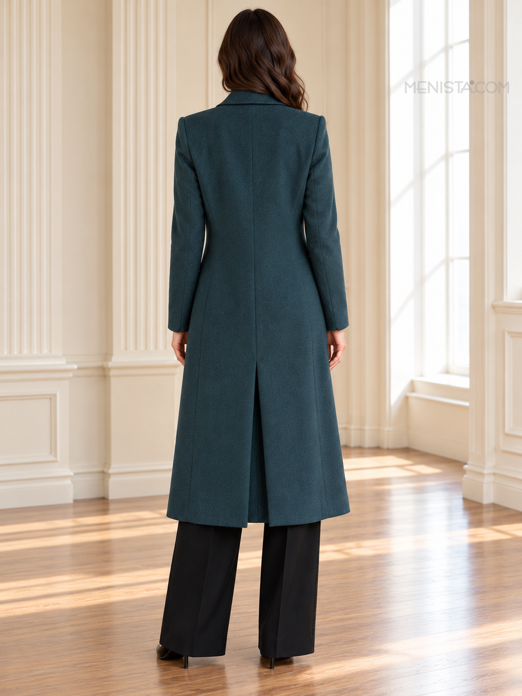 Deep Teal women’s tweed long coat — full-body back.
