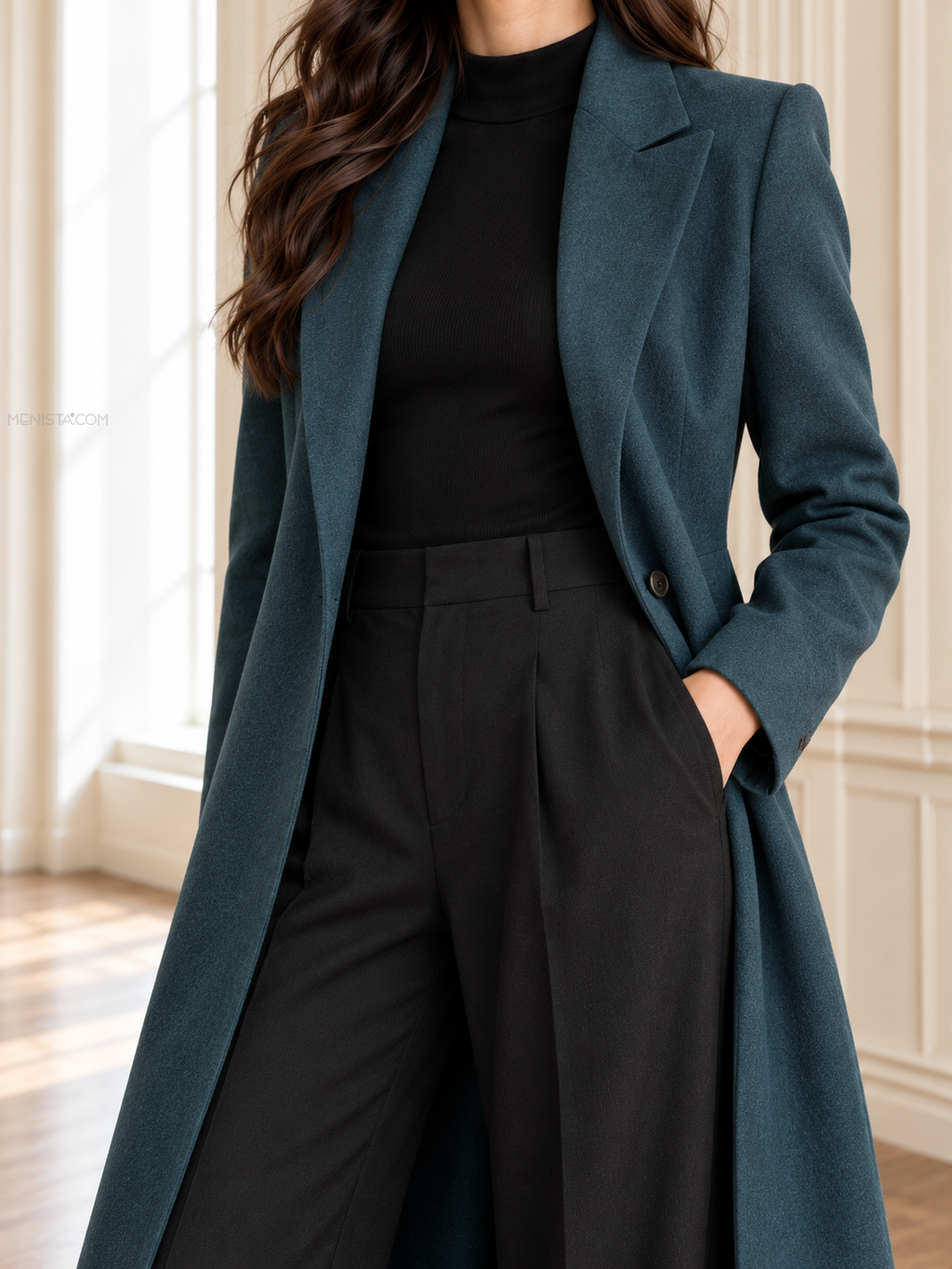 Deep Teal women’s tweed long coat — garment close-up.