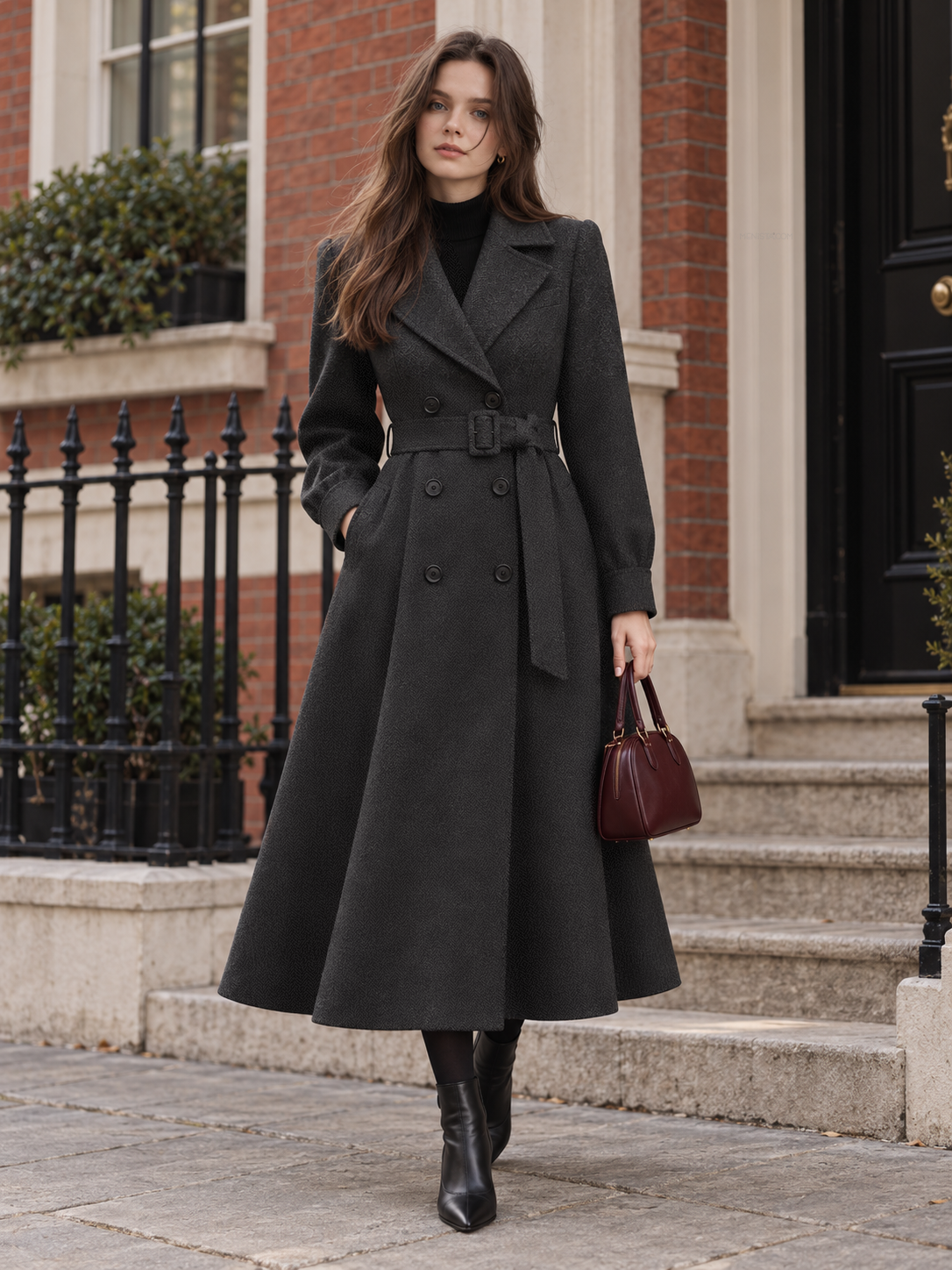 Eirwen Charcoal Herringbone Women’s Belted Double-Breasted Tweed Long Coat — full-length front view