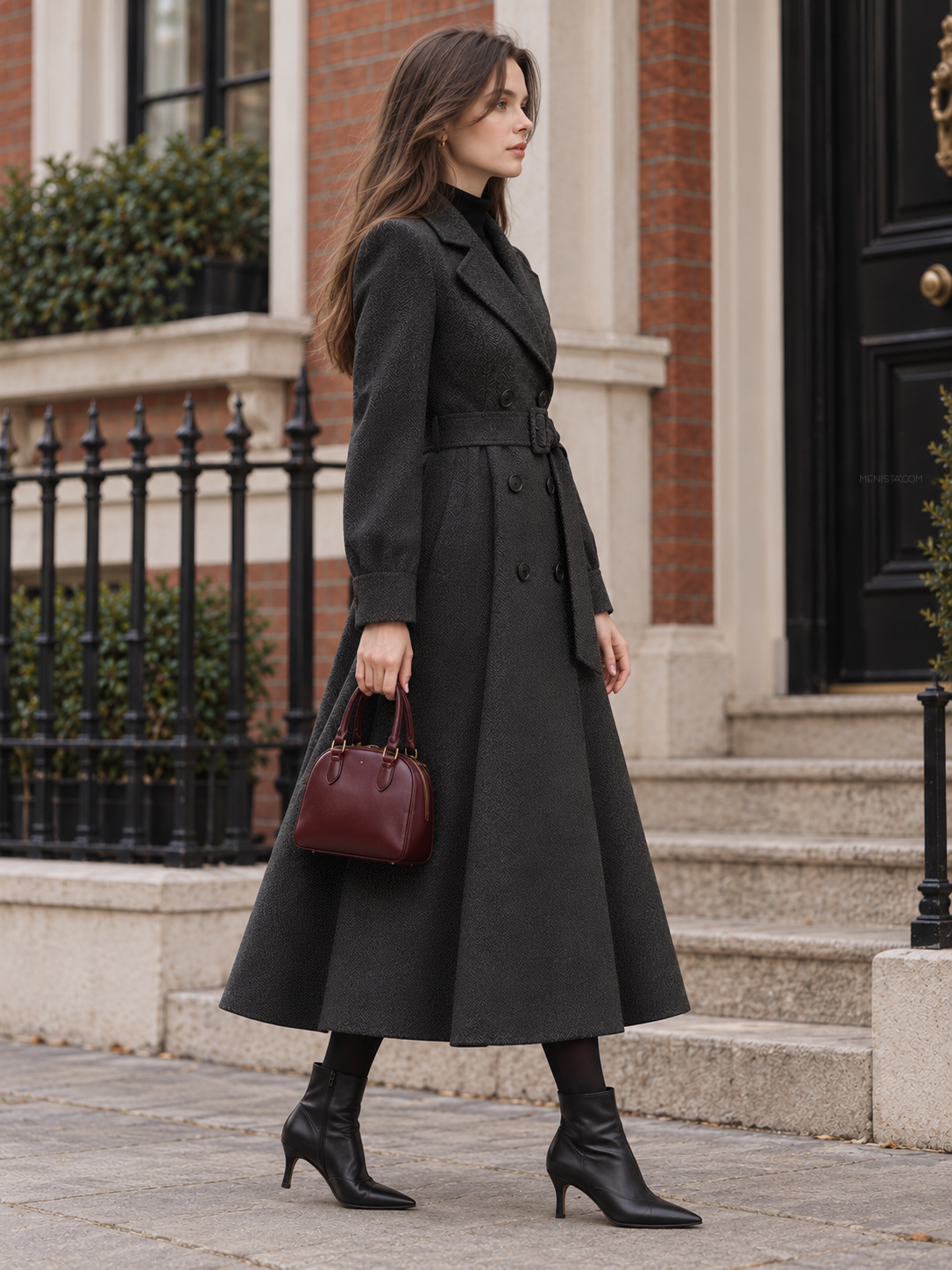 Eirwen Charcoal Herringbone Women’s Belted Double-Breasted Tweed Long Coat — full-length three-quarter view
