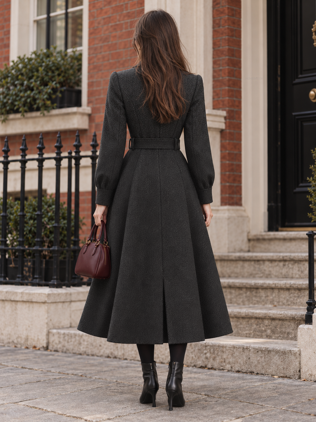 Eirwen Charcoal Herringbone Women’s Belted Double-Breasted Tweed Long Coat — full-length back view