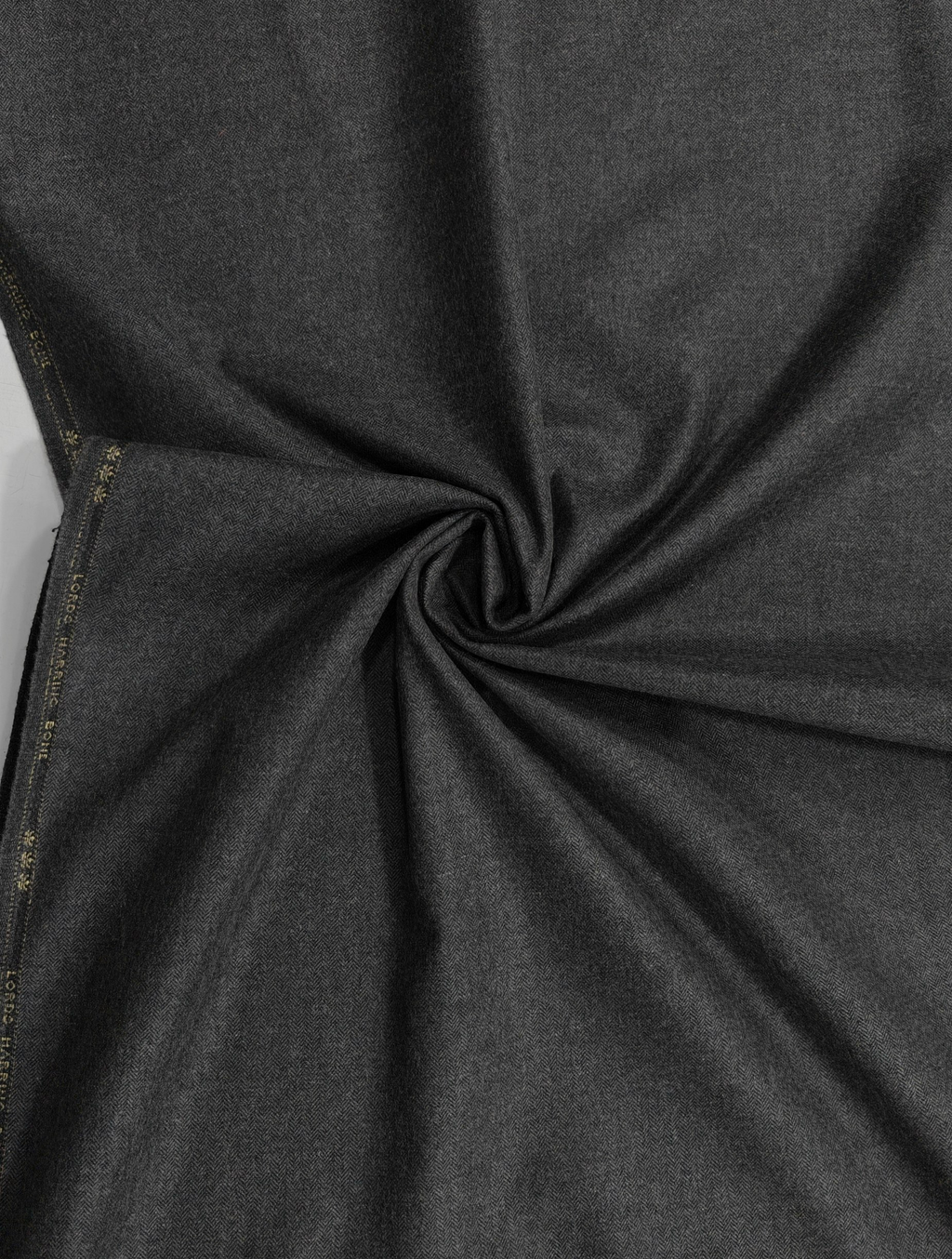 Eirwen Charcoal Herringbone Women’s Belted Double-Breasted Tweed Long Coat — actual supplied fabric detail