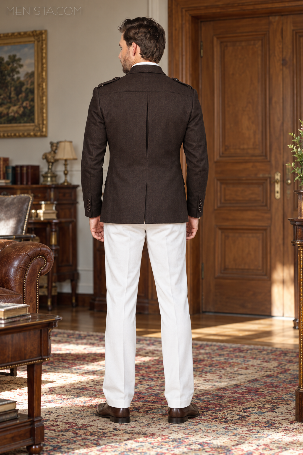 Back view of the Briarford Dark Brown Tweed Pleated Safari 2PC Suit with White Trousers, showing its back construction and 1 rear vents.