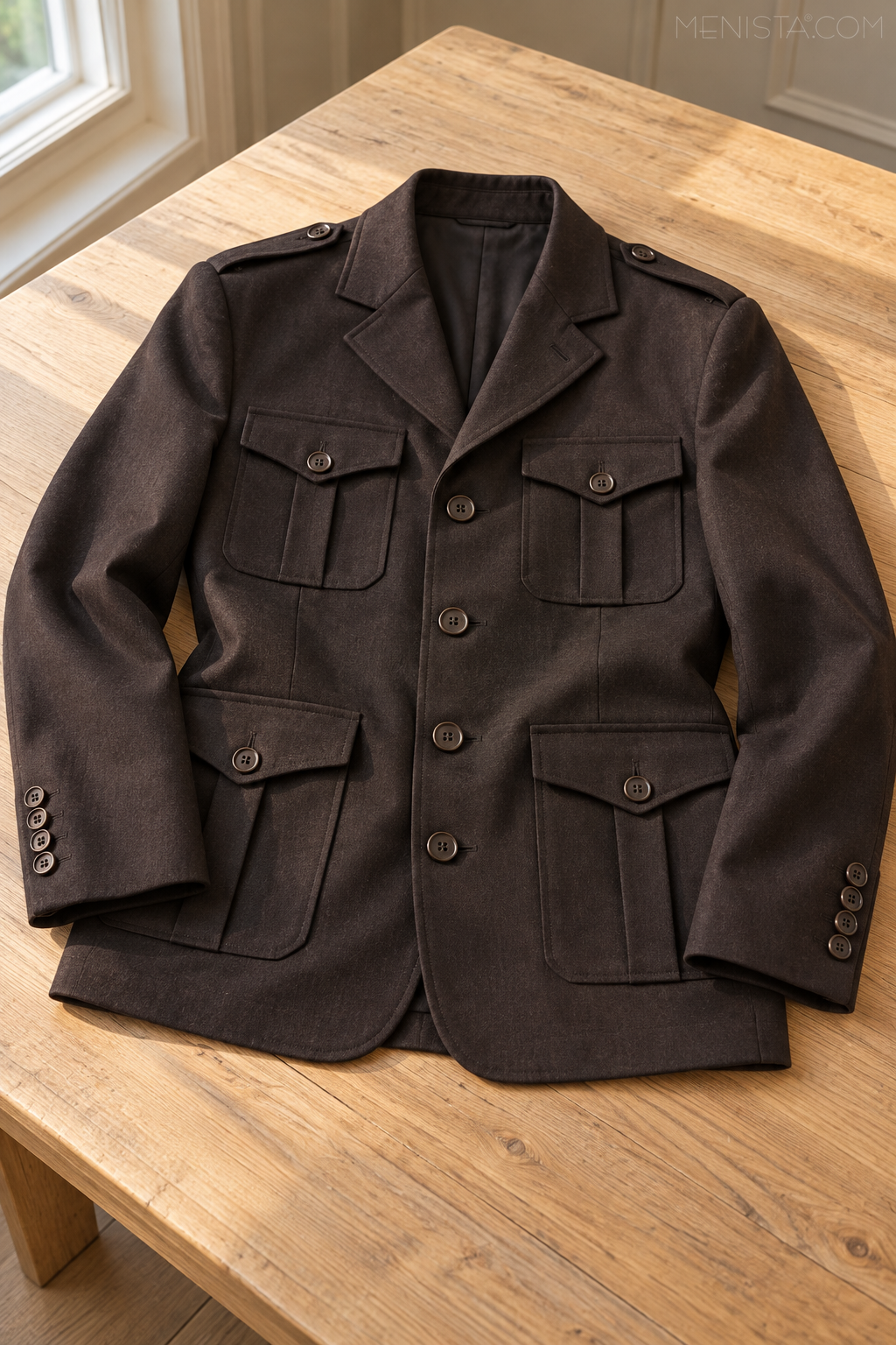 Jacket-only still life of the dark brown country jacket on a broad flat surface.