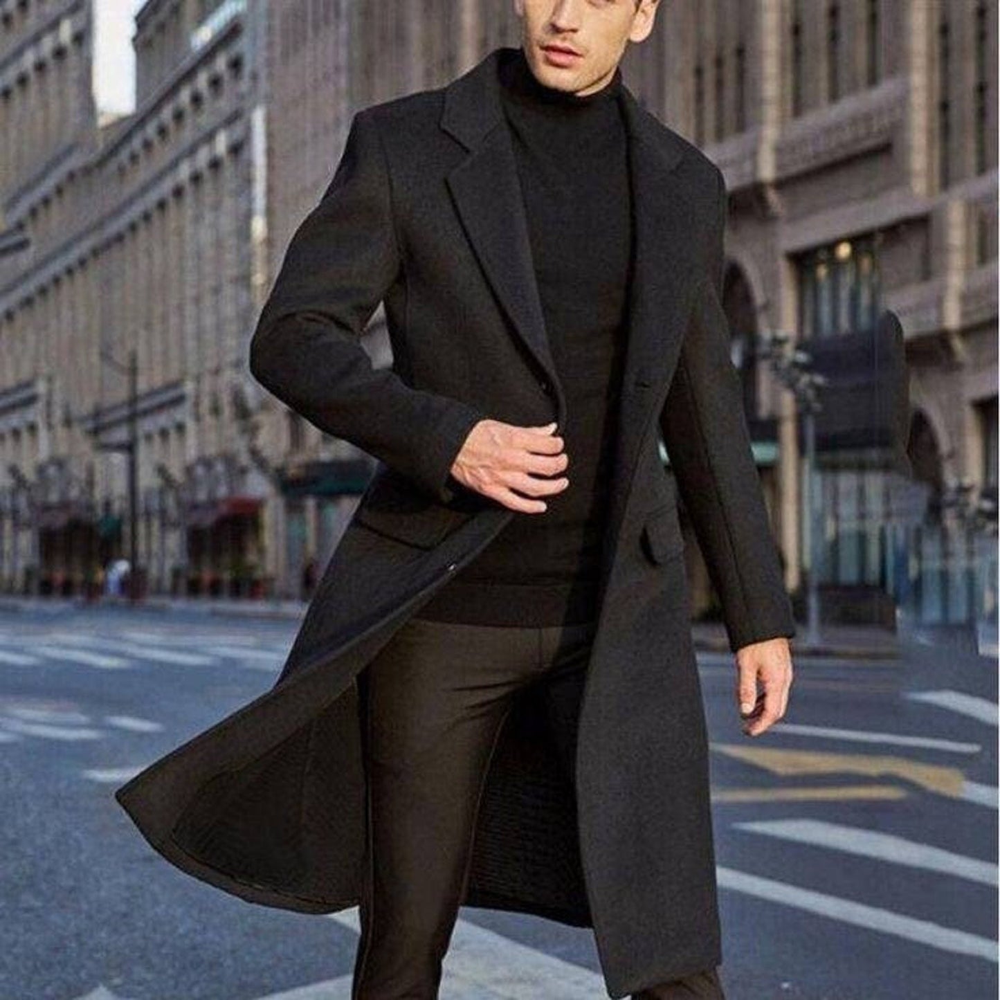 Menista Handmade Premium Black Wool Long Trench Coat for Men – Perfect for Winter, Business, and Casual Wear; Ideal Gift for Him