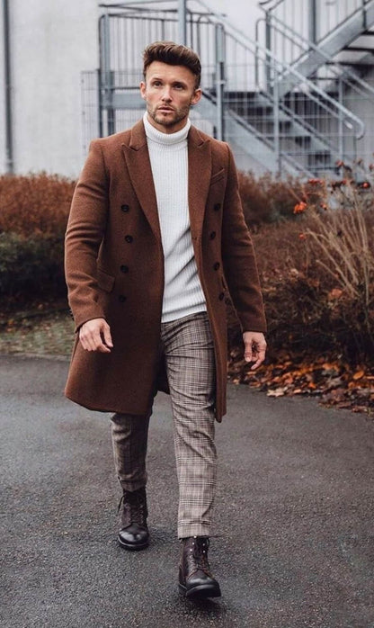 Menista Handmade Stylish Brown Wool Long Trench Coat for Men | Ideal for Winter, Business, and Casual Wear | Perfect Gift for Him