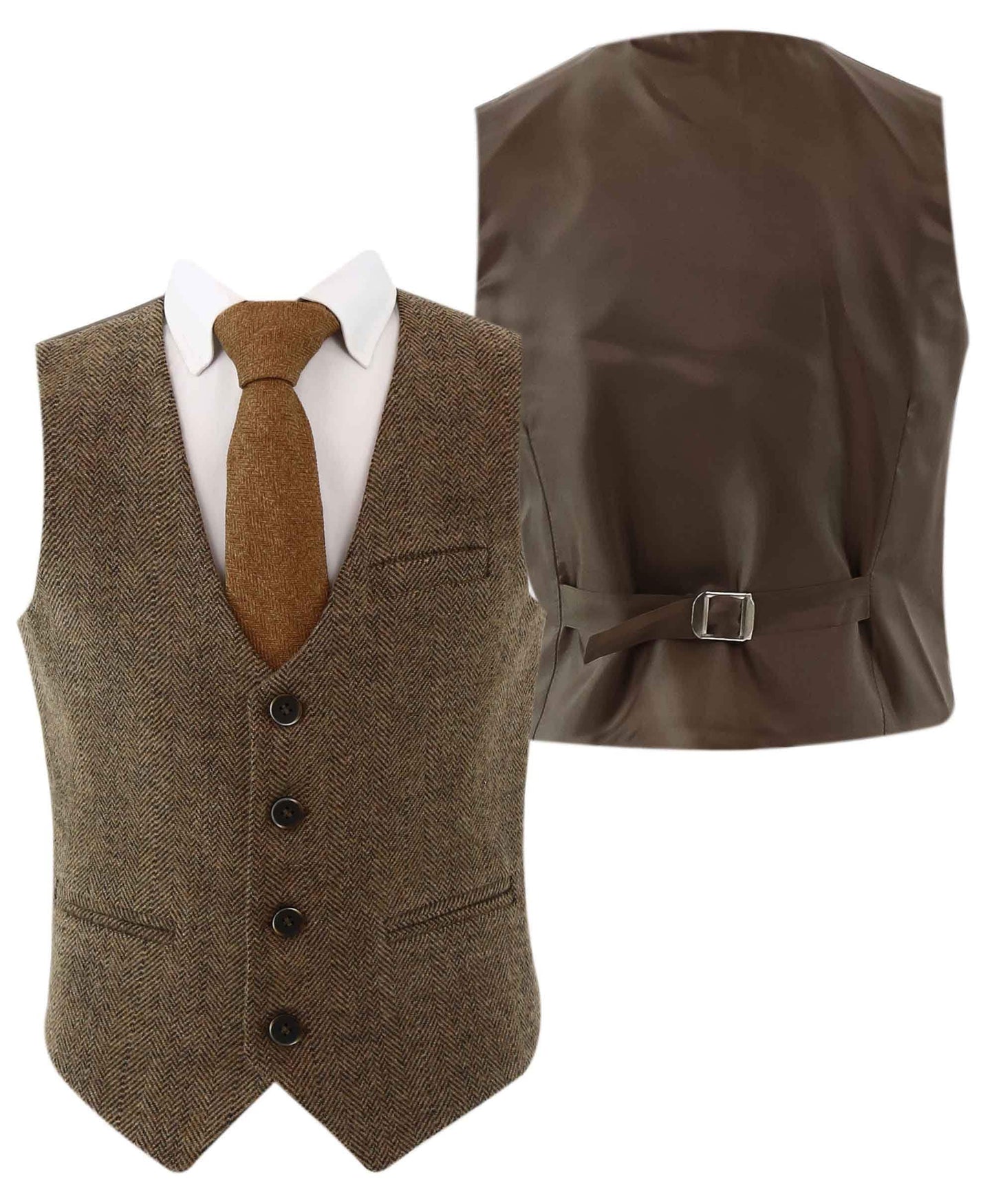 Menista Vintage Brown Herringbone Waistcoat with Adjustable Back Belt and V-Shape Design