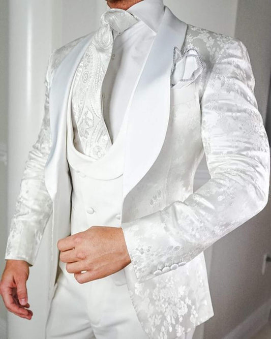 Menista Elegant White Jacquard Three-Piece Tuxedo Suit for Men