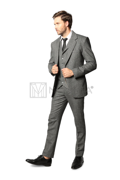 Menista Custom Vintage Grey Tweed Wool Herringbone Three-Piece Suit for Weddings, Winter Events, Groom Attire, and Groomsmen