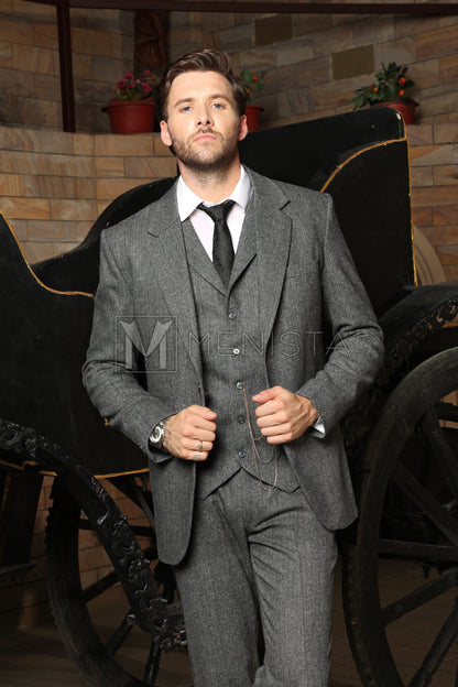 Menista Custom Vintage Grey Tweed Wool Herringbone Three-Piece Suit for Weddings, Winter Events, Groom Attire, and Groomsmen