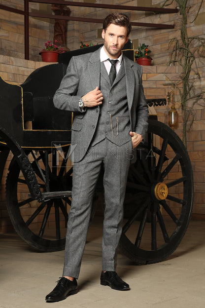 Menista Custom Vintage Grey Tweed Wool Herringbone Three-Piece Suit for Weddings, Winter Events, Groom Attire, and Groomsmen