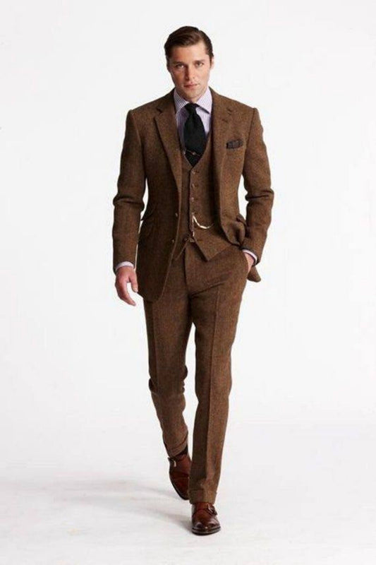 Menista Custom Tweed Wool Three-Piece Brown Suit for Weddings, Winter Events, Groom Attire, and Groomsmen Suits