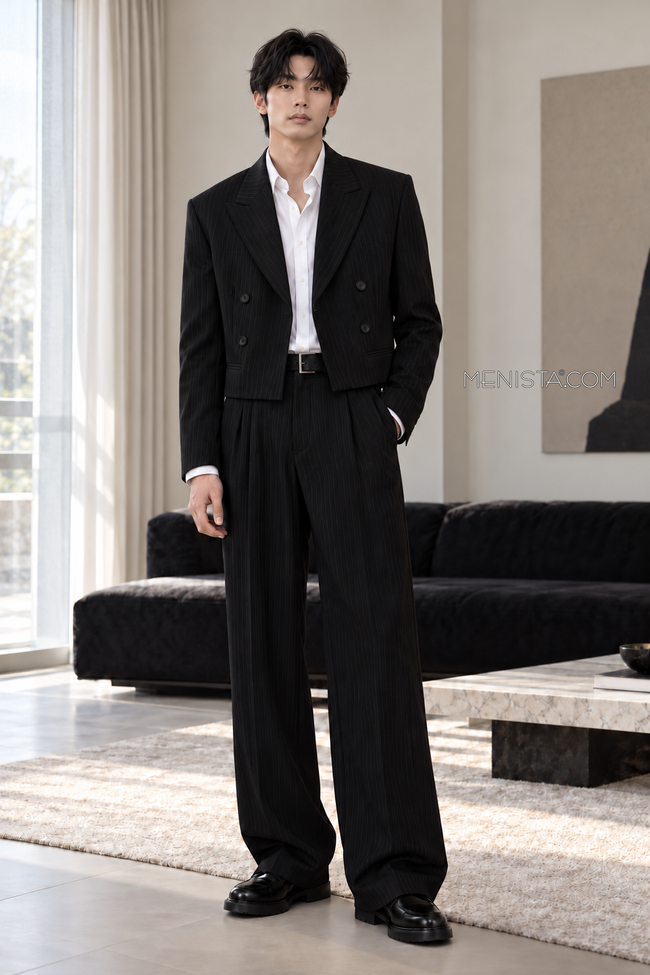 Jovian Black Pinstripe Cropped Double-Breasted 2PC Suit - full-body front view