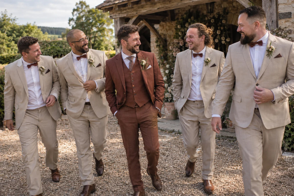 Felix and his wedding party in coordinated beige suits with a rust-brown groom’s suit