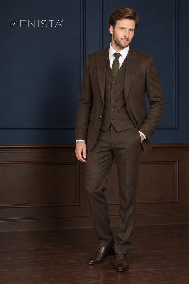 Fenwick Walnut Brown 100% Merino Wool Flannel 3PC Suit: full-body front view with a two-button jacket and five-button waistcoat.