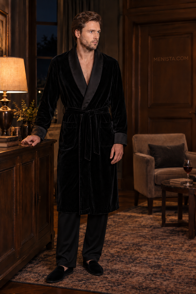 Alden Black Velvet Plain Satin Shawl Smoking Robe — full front, below-knee wrap silhouette and matching velvet belt