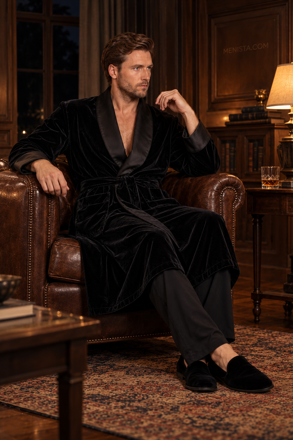 Alden Black Velvet Plain Satin Shawl Smoking Robe — side view of the relaxed drape and full sleeves
