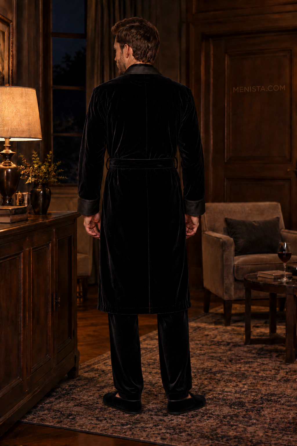 Alden Black Velvet Plain Satin Shawl Smoking Robe — full back with matching velvet belt and long hem