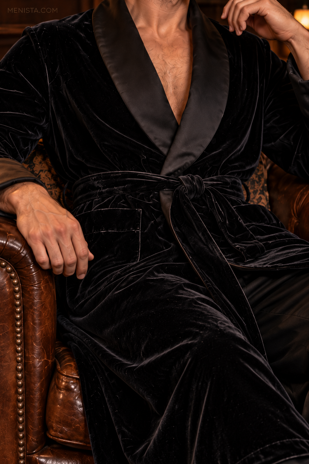 Alden Black Velvet Plain Satin Shawl Smoking Robe — close-up of velvet, shawl collar, cuffs and tie belt