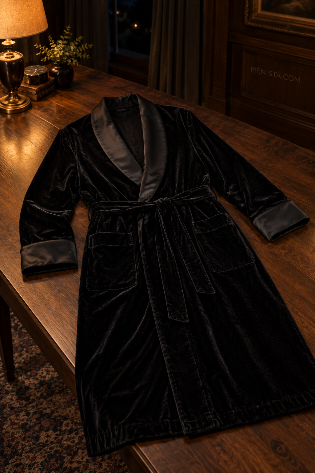 Alden Black Velvet Plain Satin Shawl Smoking Robe — complete robe arranged on a flat table, showing collar, pockets and matching belt