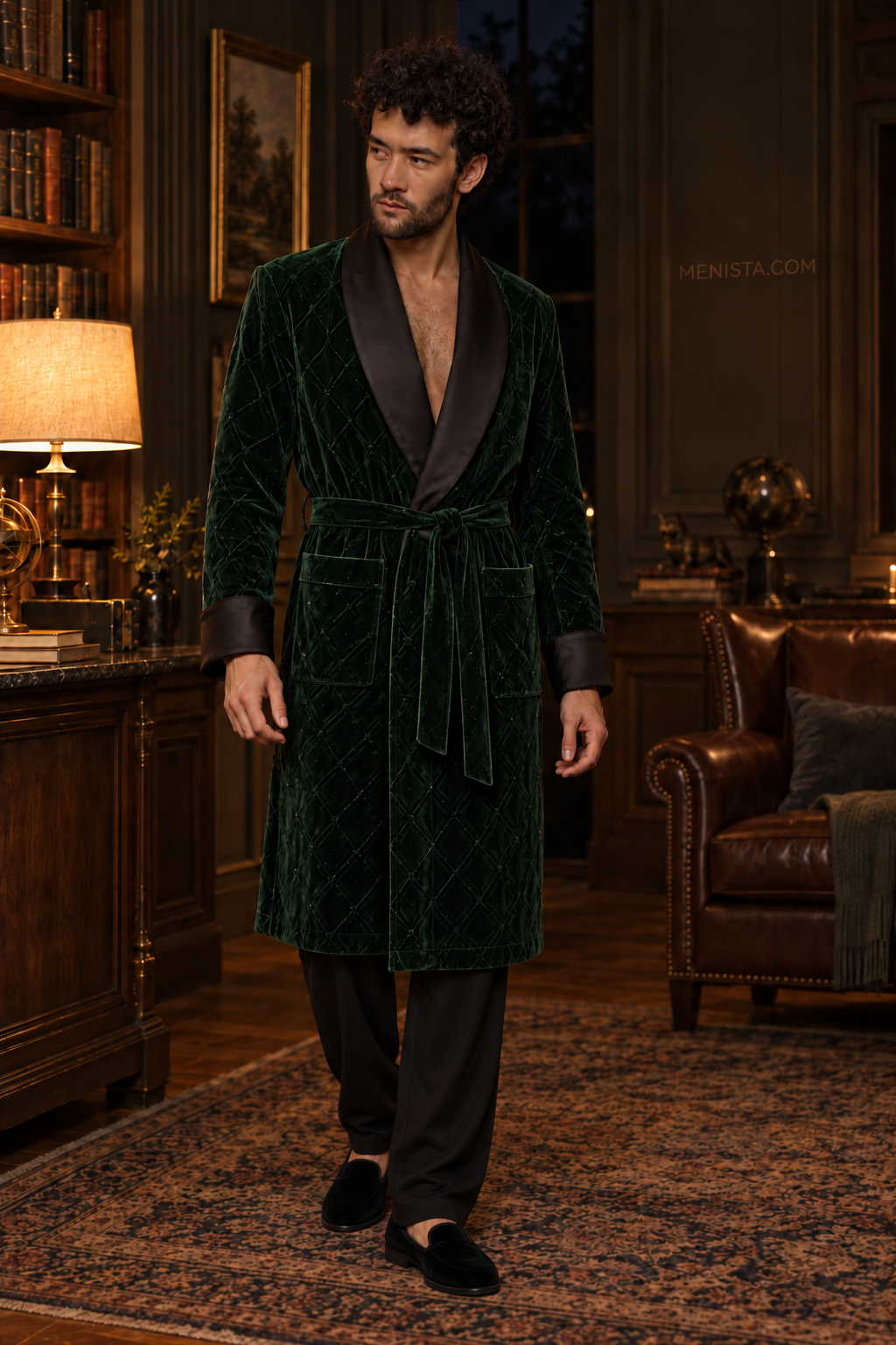 Seymour Dark Green Velvet Tonal Geometric Smoking Robe — full front, below-knee wrap silhouette and matching velvet belt