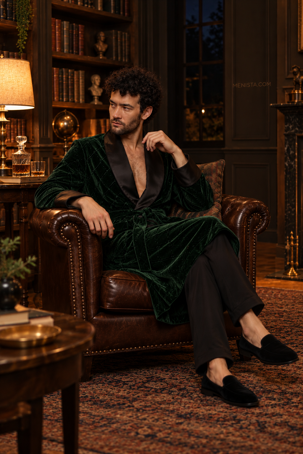 Seymour Dark Green Velvet Tonal Geometric Smoking Robe — side view of the relaxed drape and full sleeves