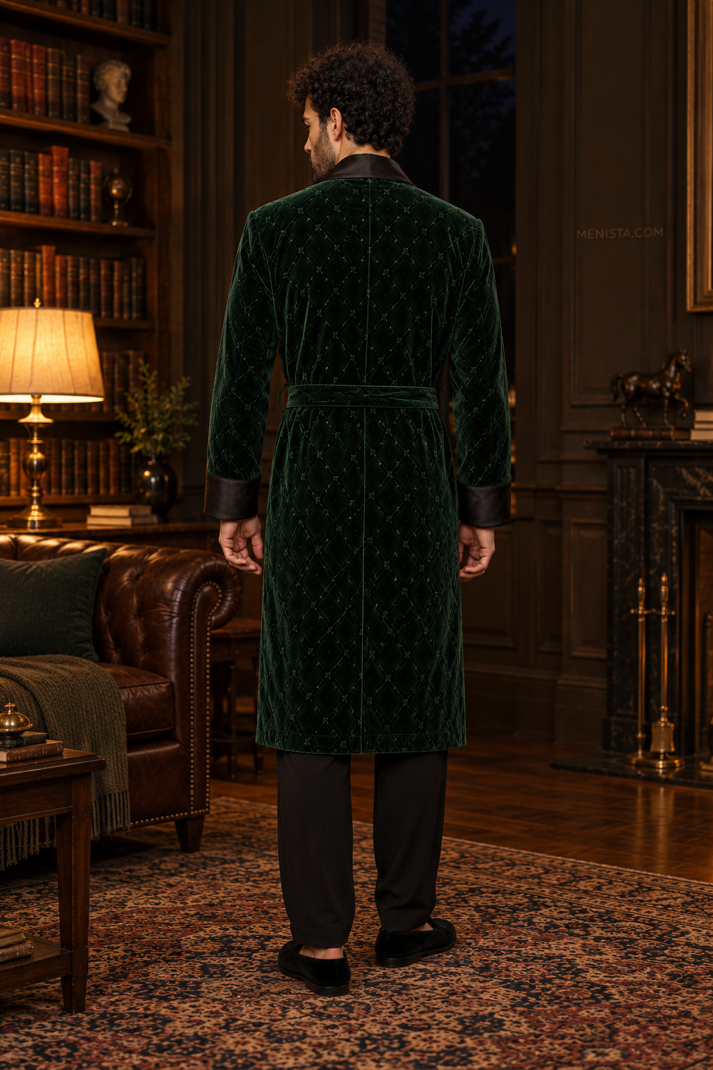 Seymour Dark Green Velvet Tonal Geometric Smoking Robe — full back with matching velvet belt and long hem