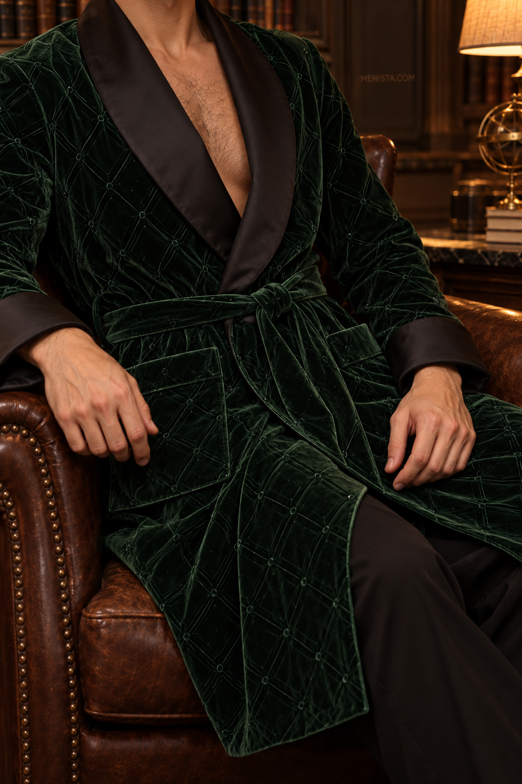 Seymour Dark Green Velvet Tonal Geometric Smoking Robe — close-up of velvet, shawl collar, cuffs and tie belt