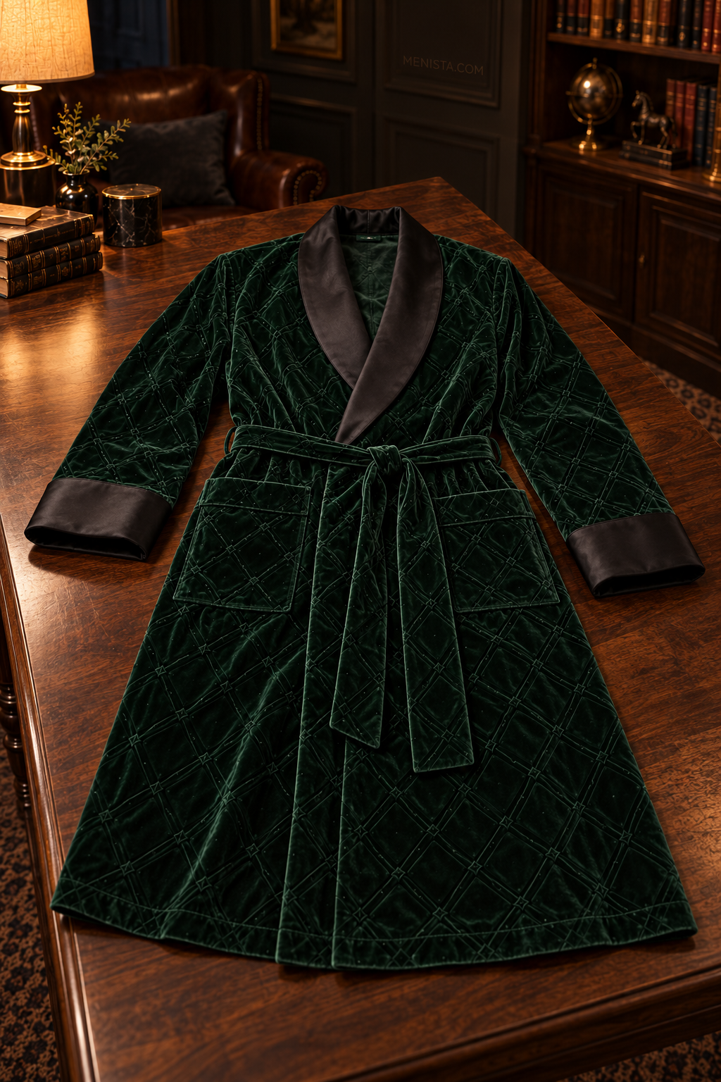 Seymour Dark Green Velvet Tonal Geometric Smoking Robe — complete robe arranged on a flat table, showing collar, pockets and matching belt