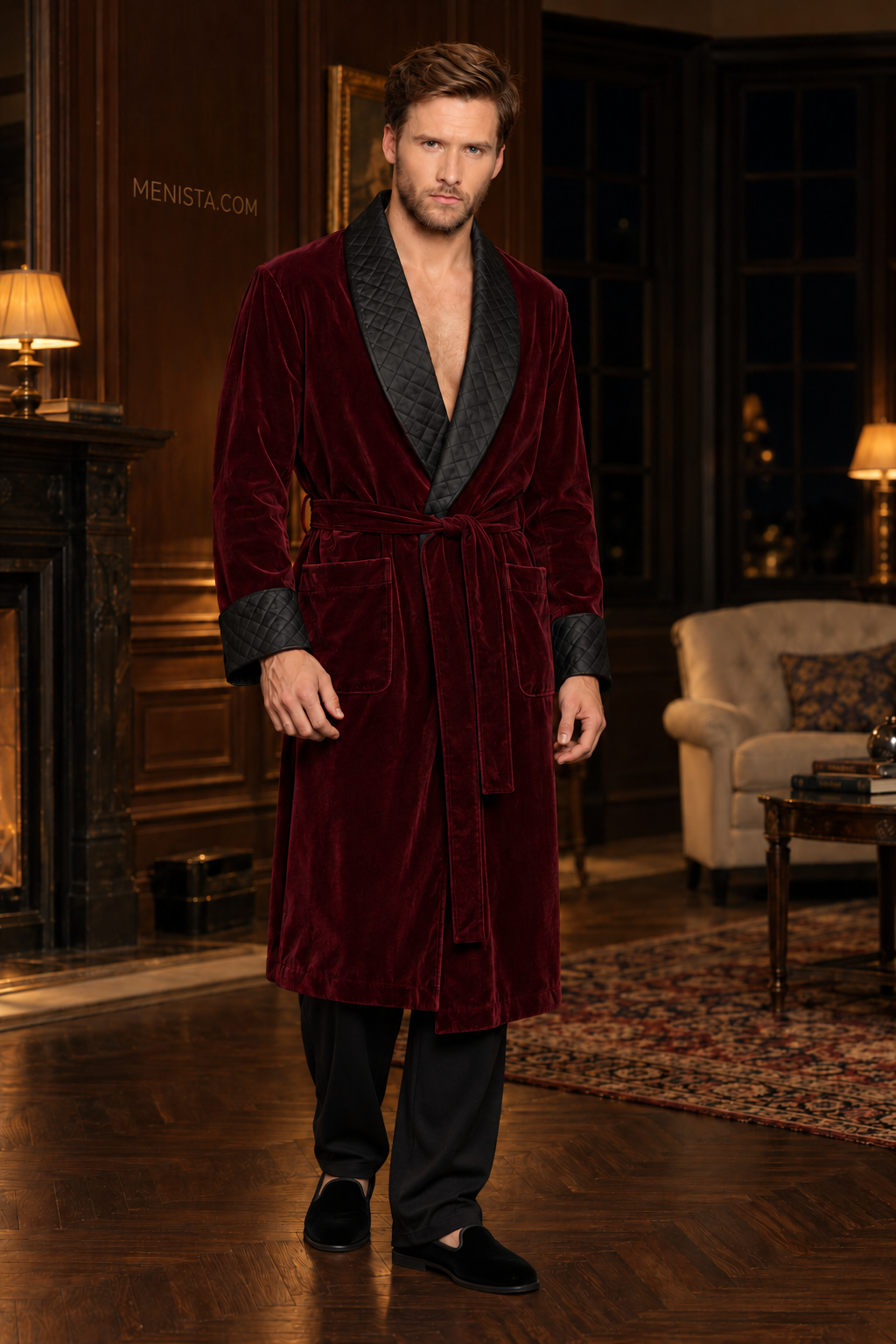 Elmsworth Dark Maroon Velvet Quilted Shawl Smoking Robe — full front, below-knee wrap silhouette and matching velvet belt