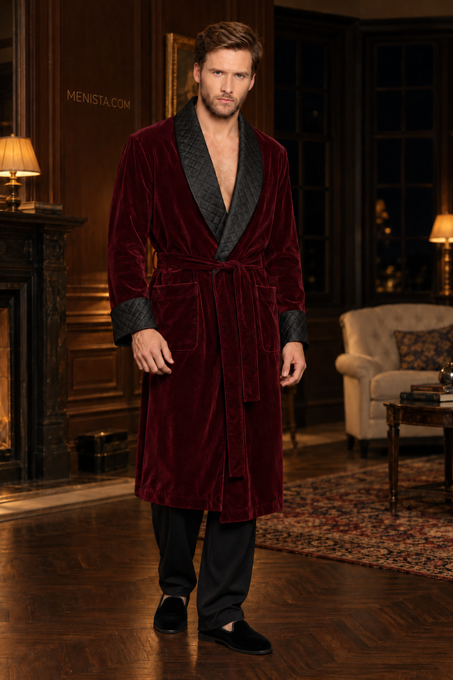 Elmsworth Dark Maroon Velvet Quilted Shawl Smoking Robe — full front, below-knee wrap silhouette and matching velvet belt