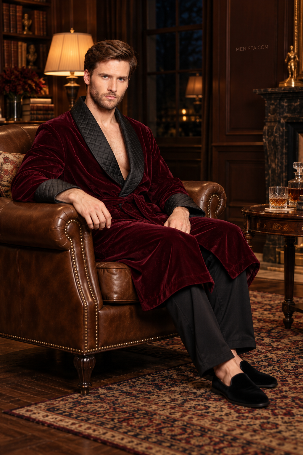 Elmsworth Dark Maroon Velvet Quilted Shawl Smoking Robe — side view of the relaxed drape and full sleeves