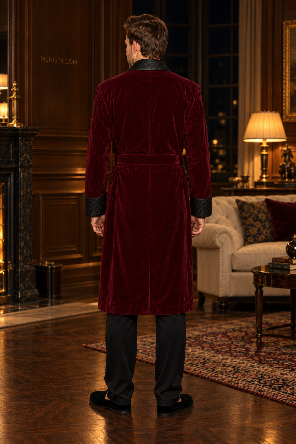 Elmsworth Dark Maroon Velvet Quilted Shawl Smoking Robe — full back with matching velvet belt and long hem