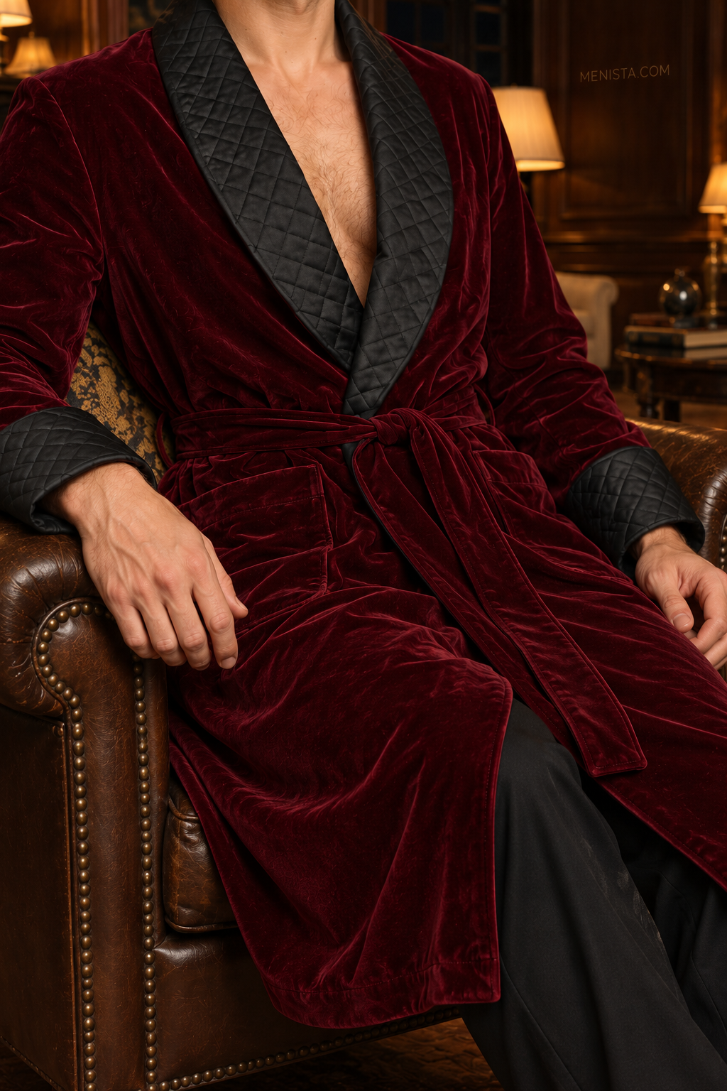 Elmsworth Dark Maroon Velvet Quilted Shawl Smoking Robe — close-up of velvet, shawl collar, cuffs and tie belt