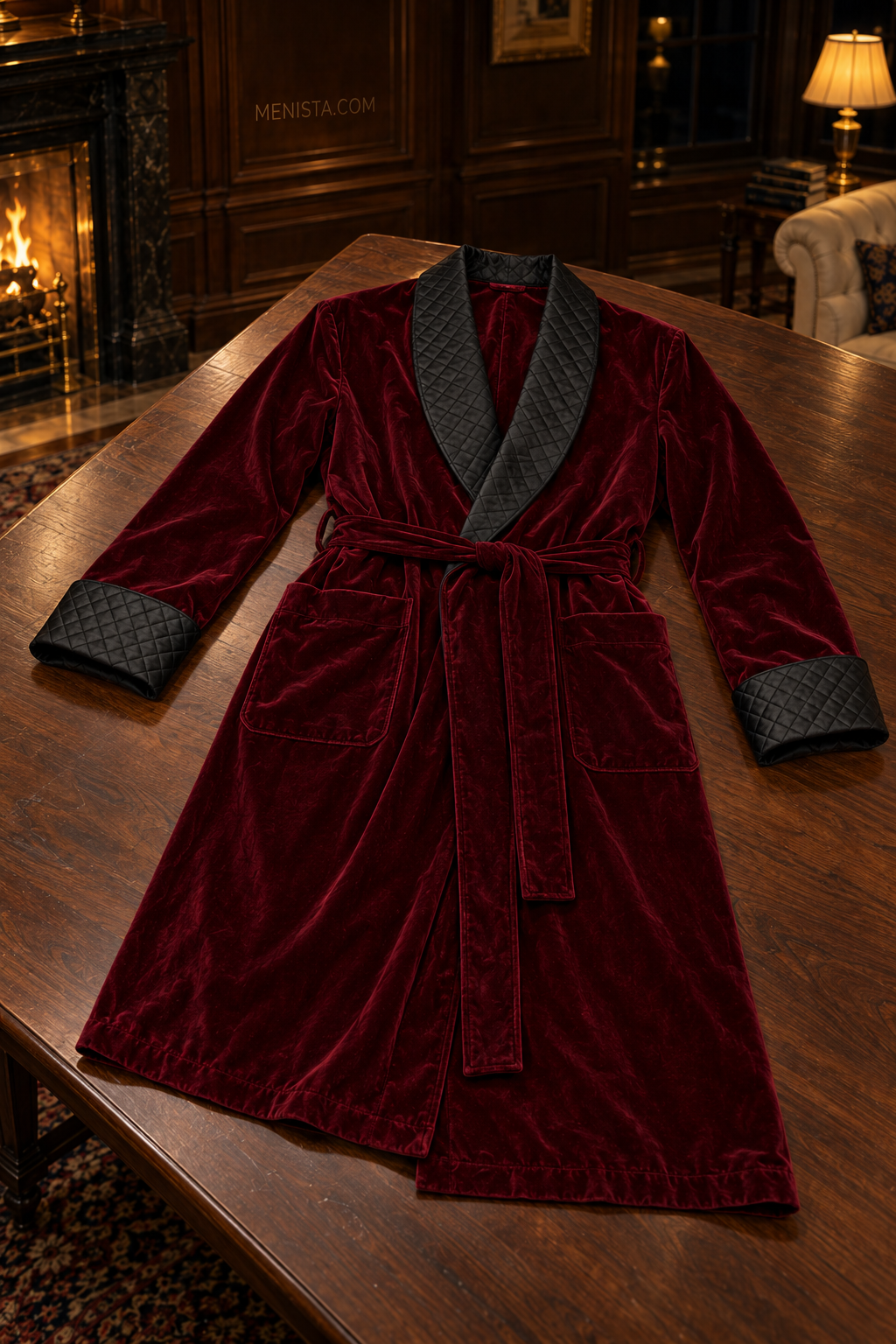 Elmsworth Dark Maroon Velvet Quilted Shawl Smoking Robe — complete robe arranged on a flat table, showing collar, pockets and matching belt