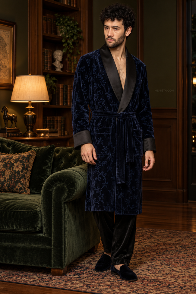 Varenne Dark Blue Velvet Tonal Botanical Smoking Robe — full front, below-knee wrap silhouette and matching velvet belt