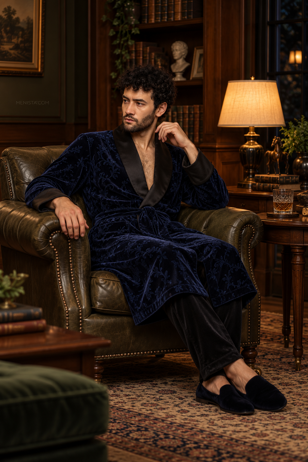 Varenne Dark Blue Velvet Tonal Botanical Smoking Robe — side view of the relaxed drape and full sleeves