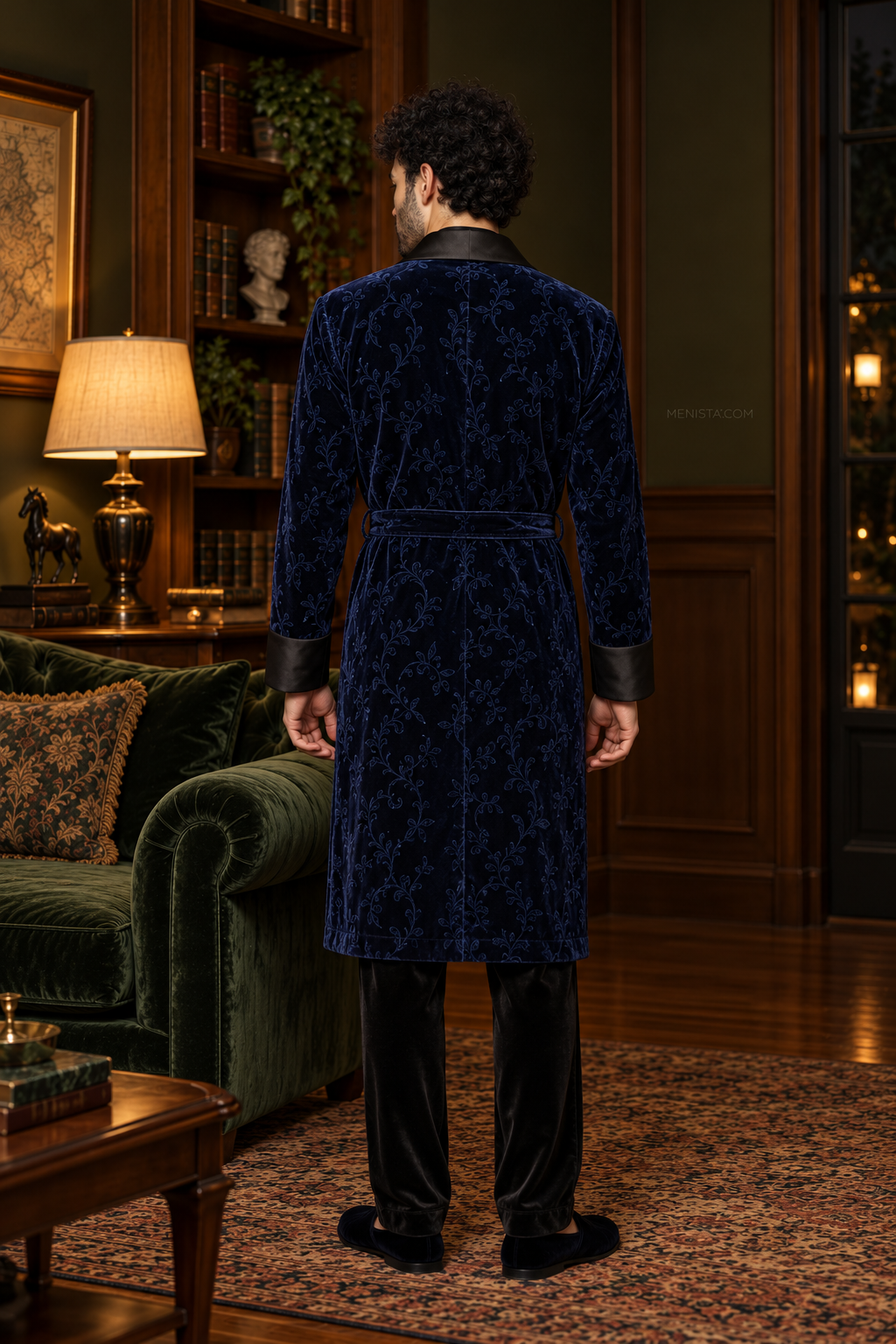 Varenne Dark Blue Velvet Tonal Botanical Smoking Robe — full back with matching velvet belt and long hem