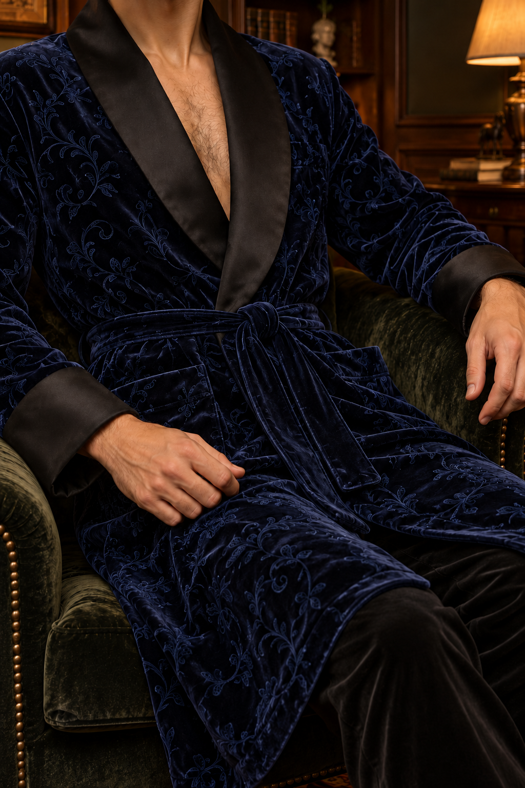 Varenne Dark Blue Velvet Tonal Botanical Smoking Robe — close-up of velvet, shawl collar, cuffs and tie belt